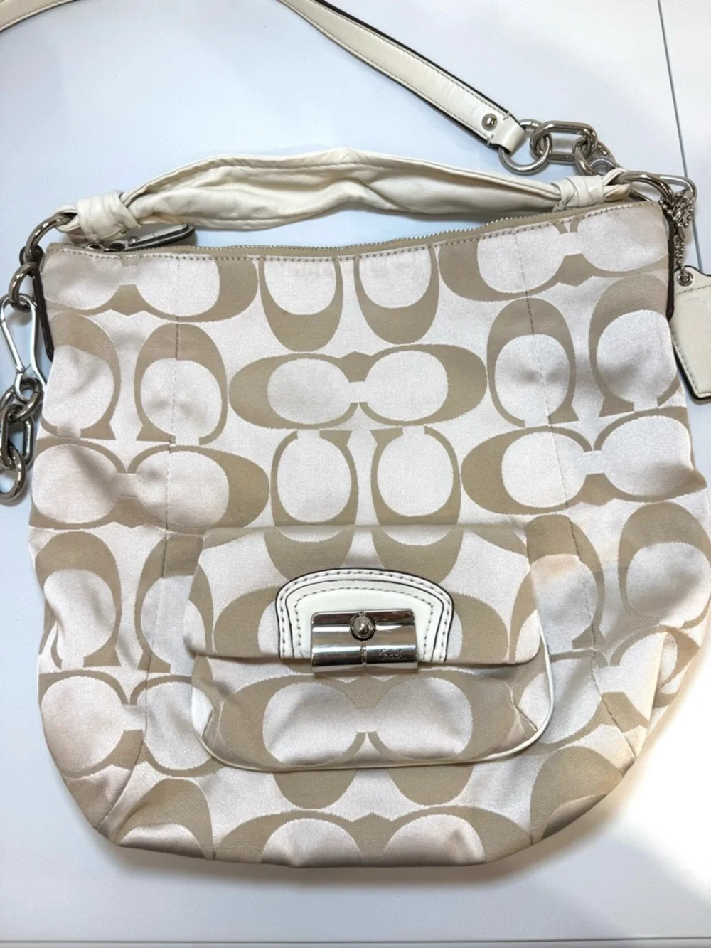 Coach Signature Clip Hobo Bag 14901 Ivory Tan Convertible Crossbody Shoulder - Picture 5 of 13
